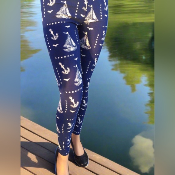 MomMe And More Pants - OS NEW Womens Nautical Boat Anchor Leggings Blue White Soft Yoga Pants Fit 0-12